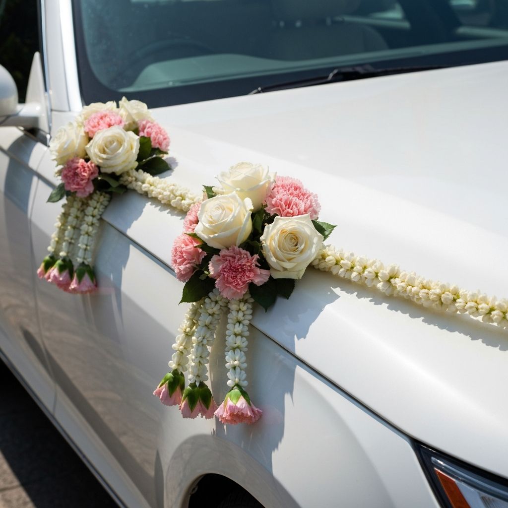 Wedding car decorated with fresh flowers